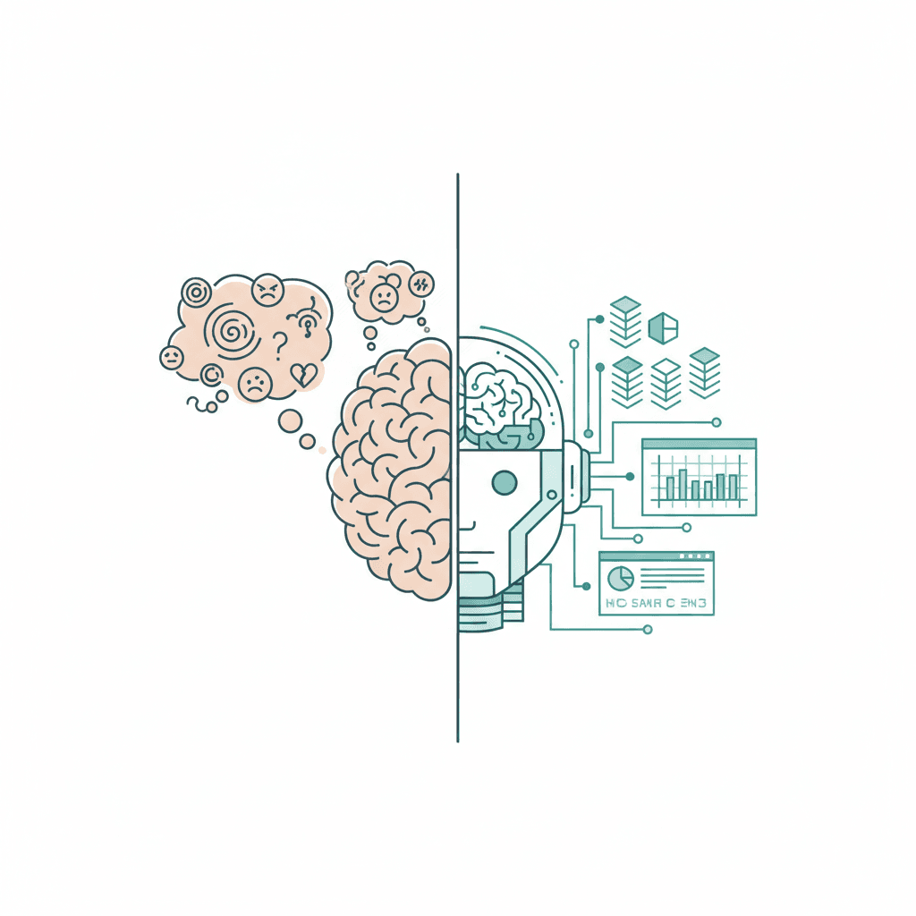 Comparație: creierul uman cu bias-uri cognitive vs analiza AI structurată